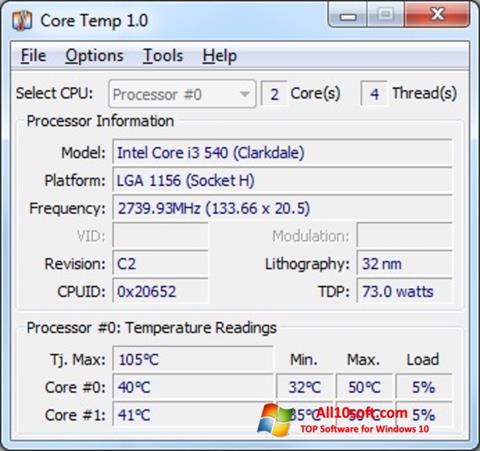 Ekrānuzņēmums Core Temp Windows 10