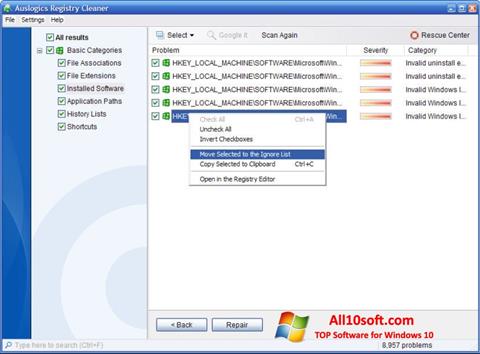 Ekrānuzņēmums Auslogics Registry Cleaner Windows 10