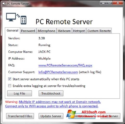 Ekrānuzņēmums PC Remote Server Windows 10