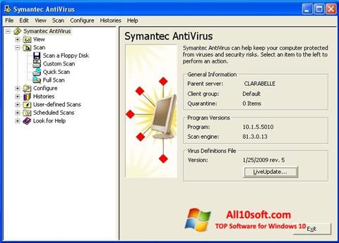 Ekrānuzņēmums Symantec Antivirus Windows 10