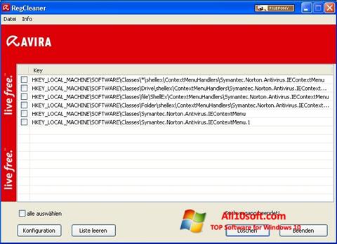 Ekrānuzņēmums Avira Registry Cleaner Windows 10