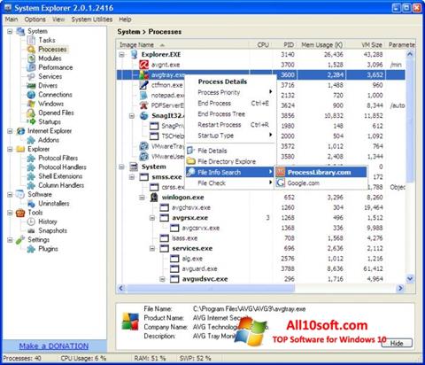 Ekrānuzņēmums System Explorer Windows 10