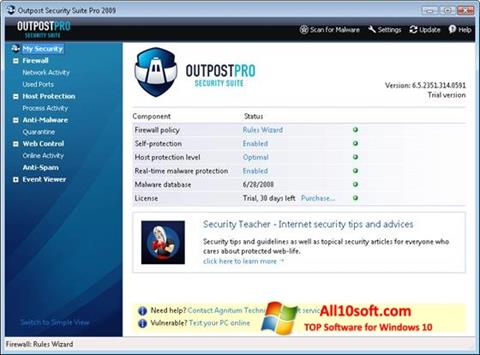 Ekrānuzņēmums Outpost Security Suite PRO Windows 10